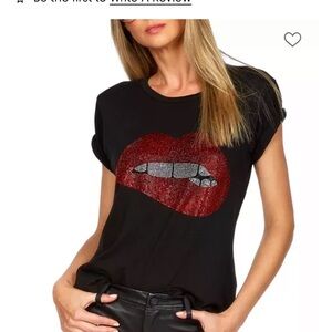 Lauren Moshi Black Short-Sleeve Tee with Red Rhinestone Lip Graphic
